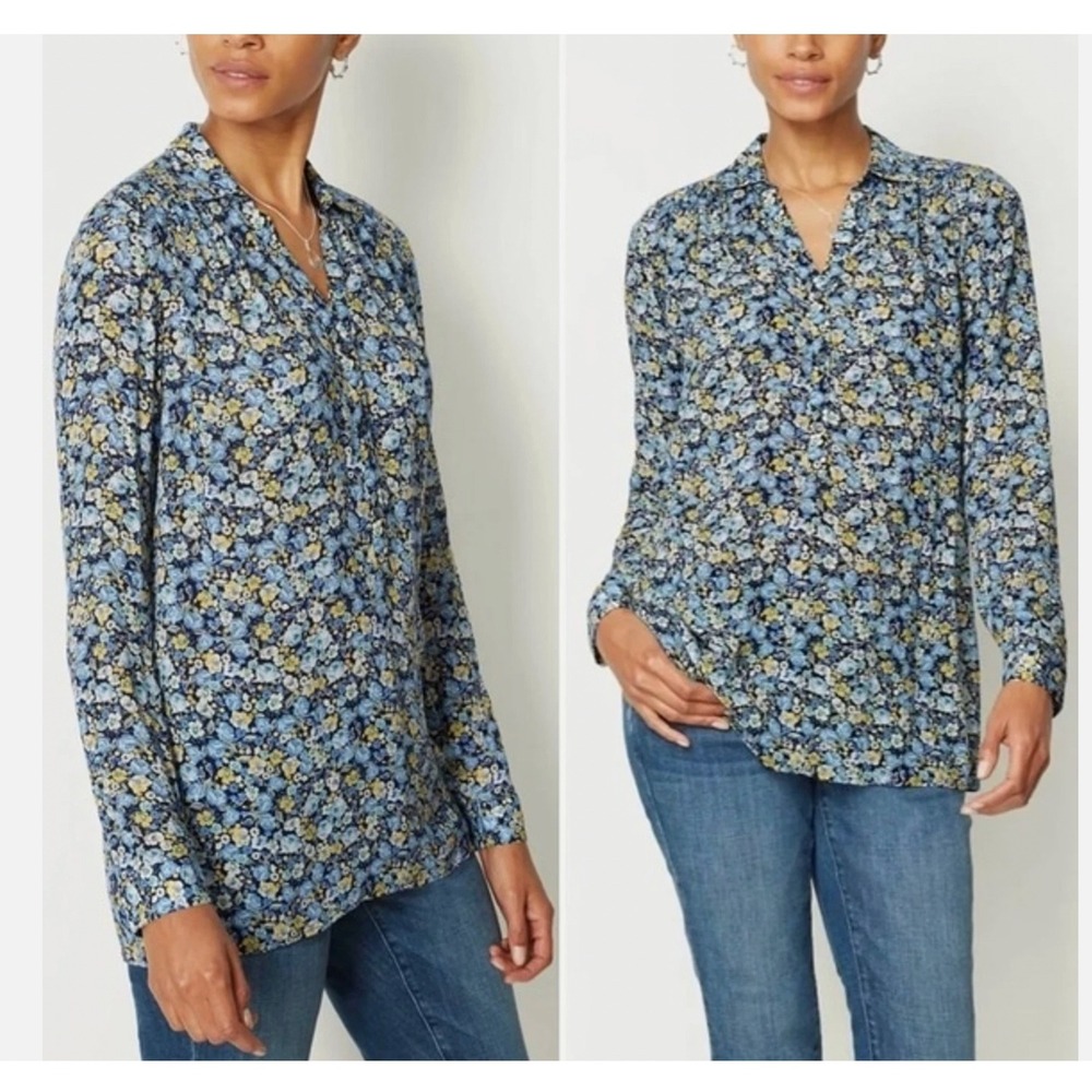 J. Jill Blue Yellow Floral Rayon Long Sleeve Button Down Collared Blouse XS